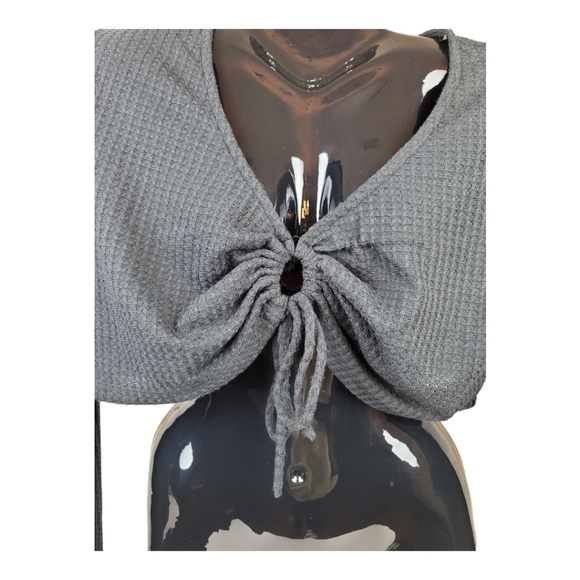 **NWT** ELODIE‎ Waffle Knit Front Tie Long Sleeves V-neck Crop Top/Blouse Goth - Picture 4 of 9
